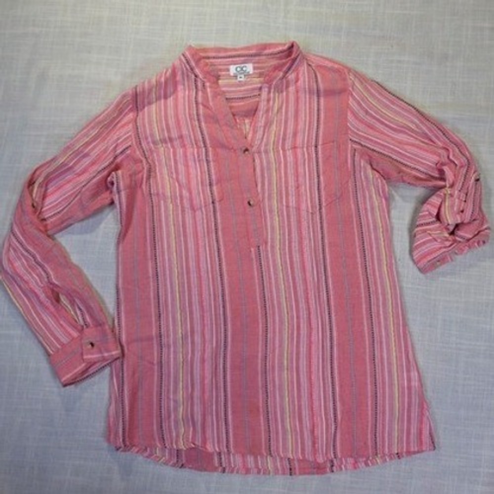 Chic Connection Pink Striped Cotton Roll Tab Sleeve Tunic Blouse Womens Medium
